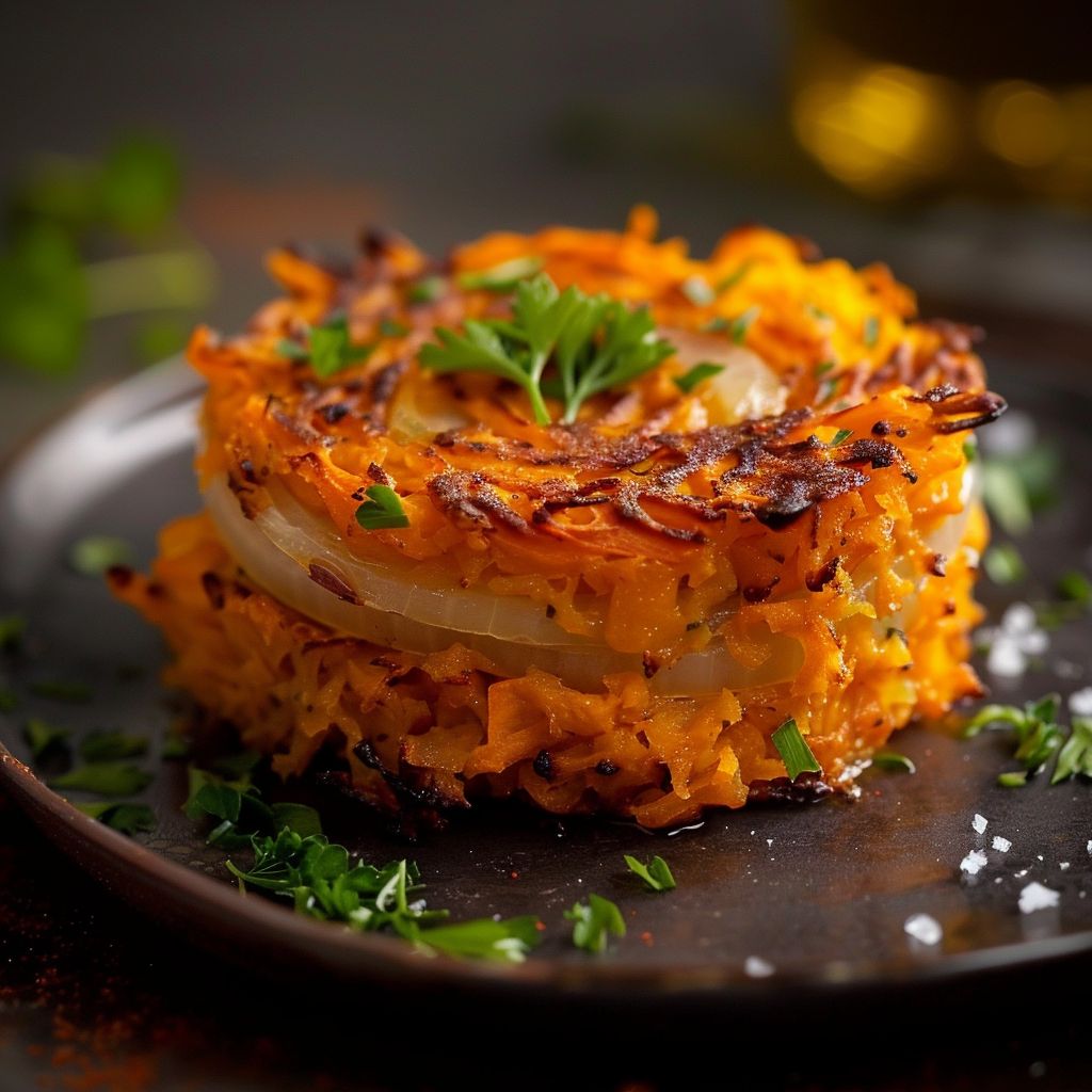 Close-up shot of crispy sweet potato hash browns showcasing golden-brown texture with herbs.