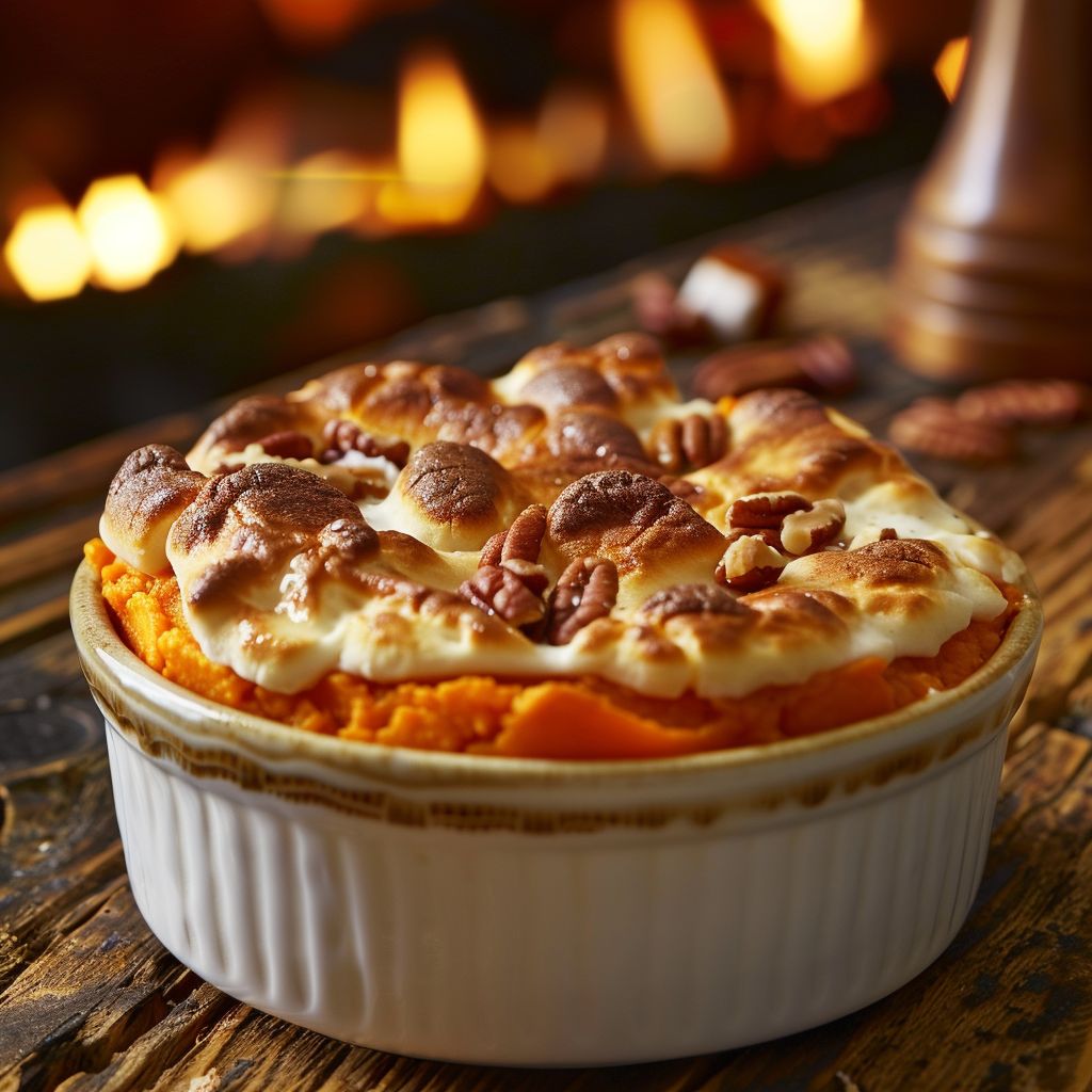 Close-up view of a golden Sweet Potato Soufflé topped with chopped pecans, softly lit by natural light.