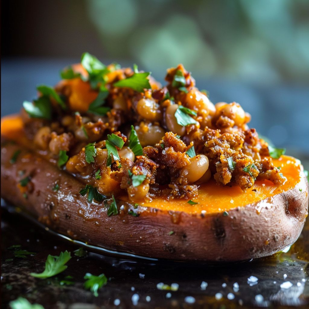Close-up of sweet potato halves topped with butter beans and garnished with parsley.