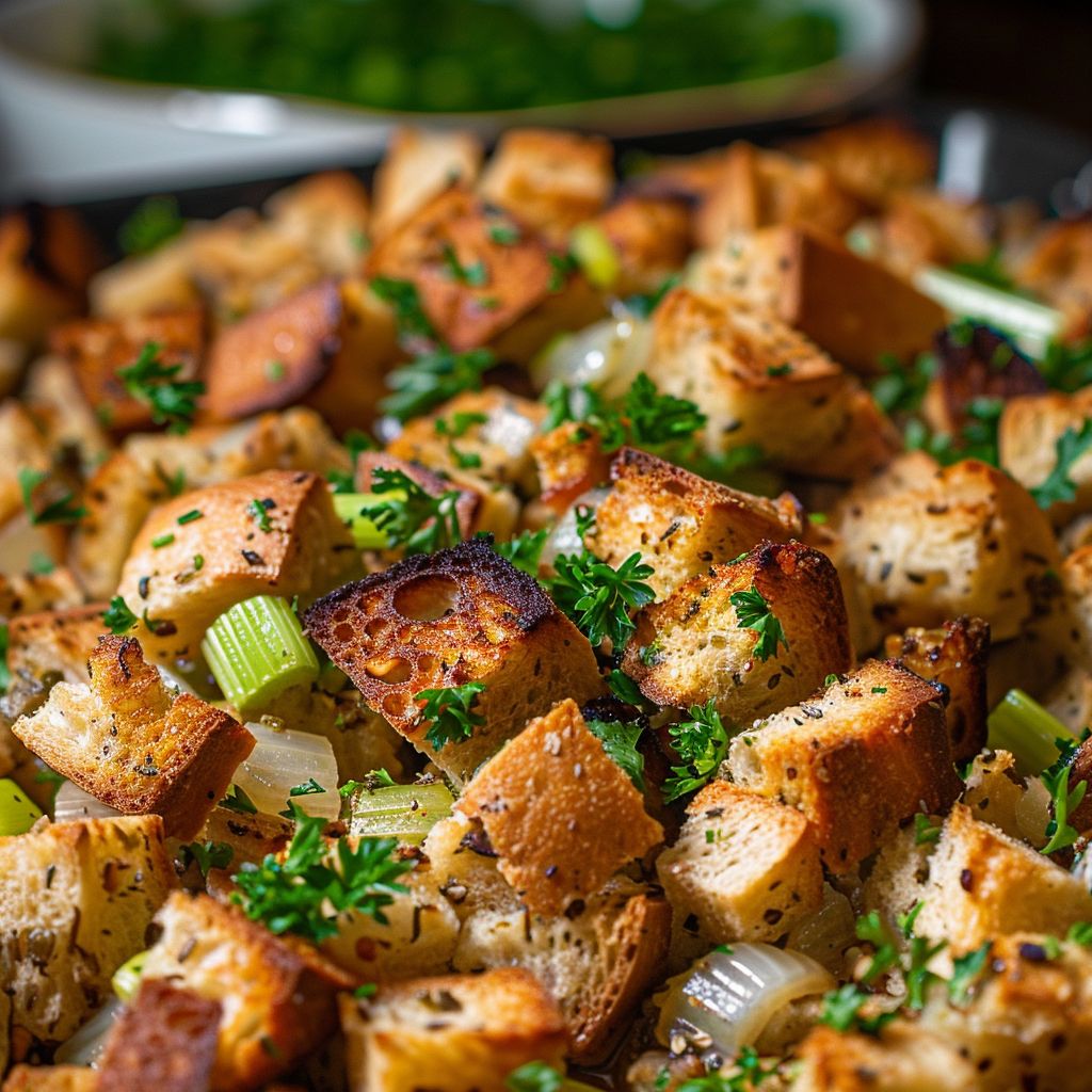 Close-up of a bowl filled with golden-brown holiday stuffing, showcasing crispy bread cubes and herbs.