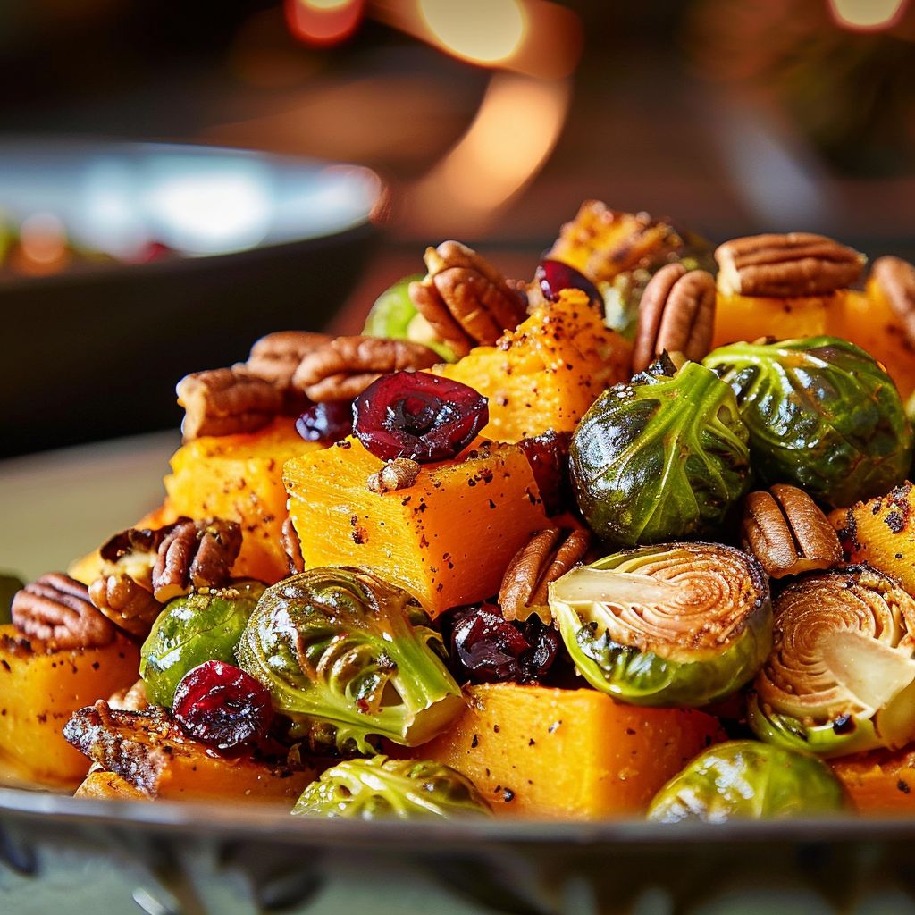 Close-up view of roasted butternut squash and Brussels sprouts mixed with pecans and cranberries, beautifully arranged on a rustic plate.
