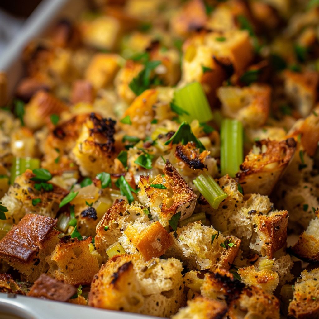 Close-up of fluffy homemade stuffing with bread cubes, herbs, and vegetables.