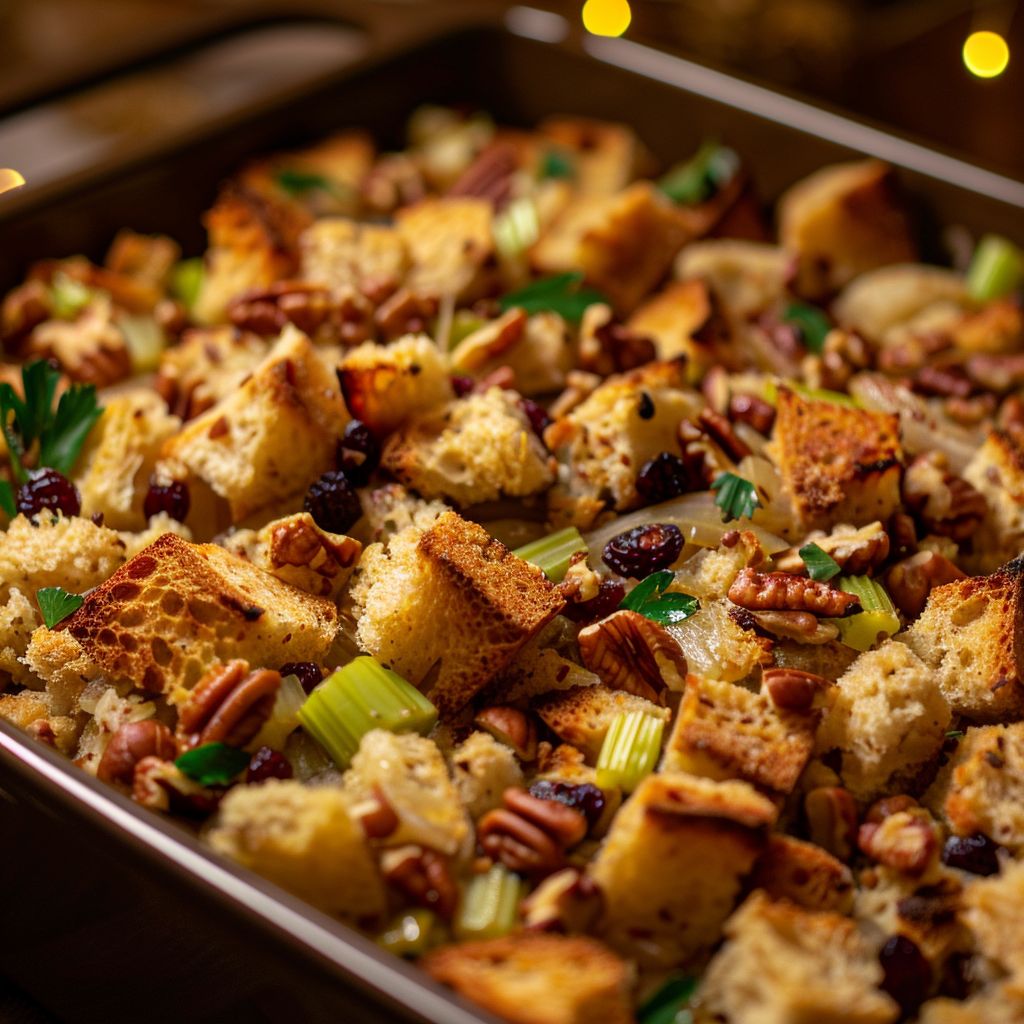 Close-up of Thanksgiving stuffing with herbs and nuts in a textured bowl.