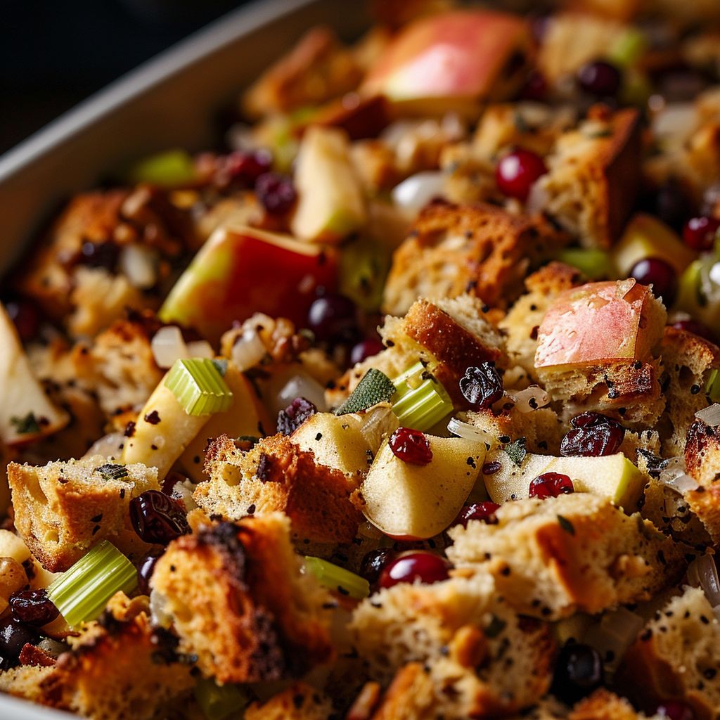 Close-up of a warm, inviting bowl of apple cranberry stuffing with visible bread cubes, apples, and cranberries.