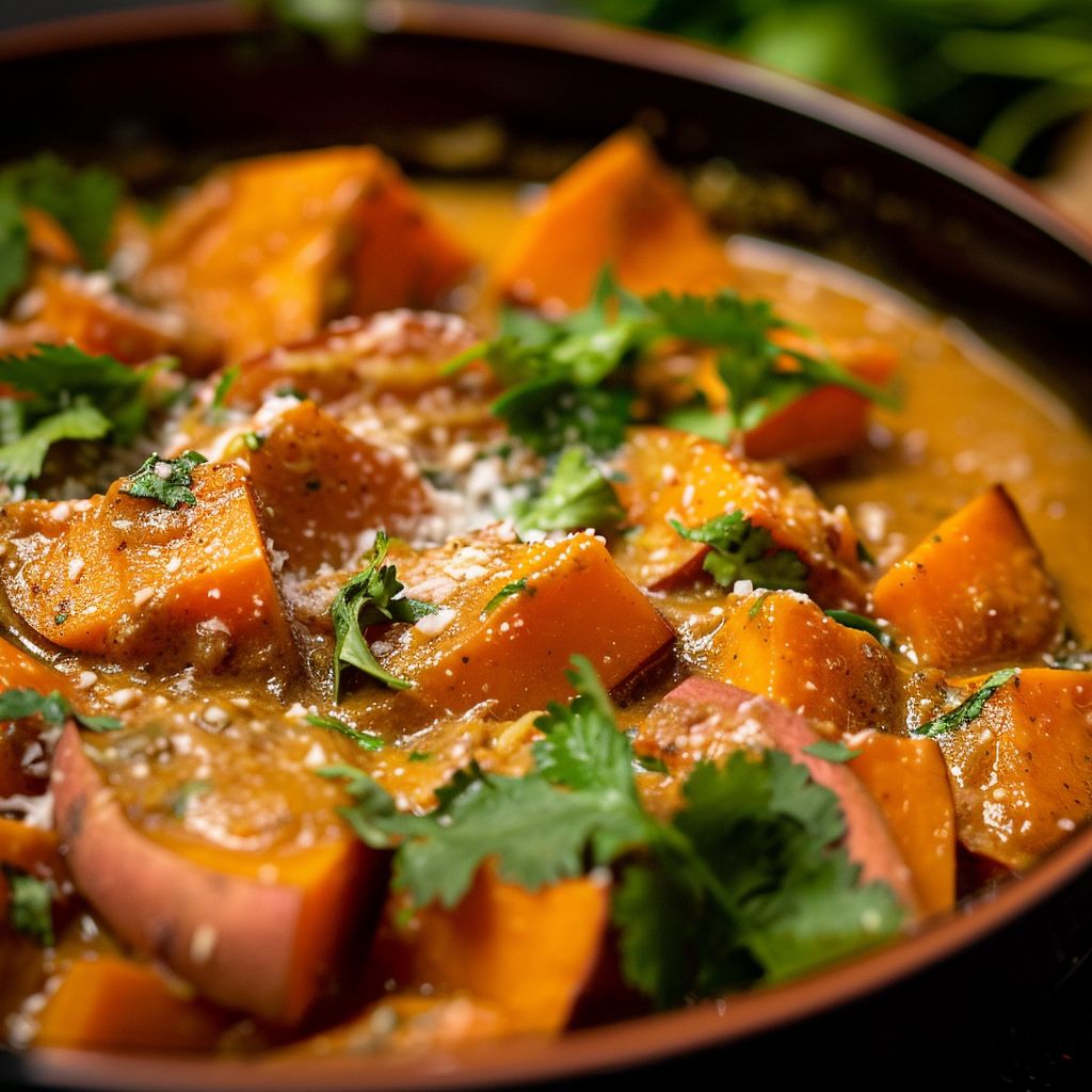 Close-up view of a vibrant sweet potato curry in a bowl, showcasing a creamy texture and colorful ingredients.