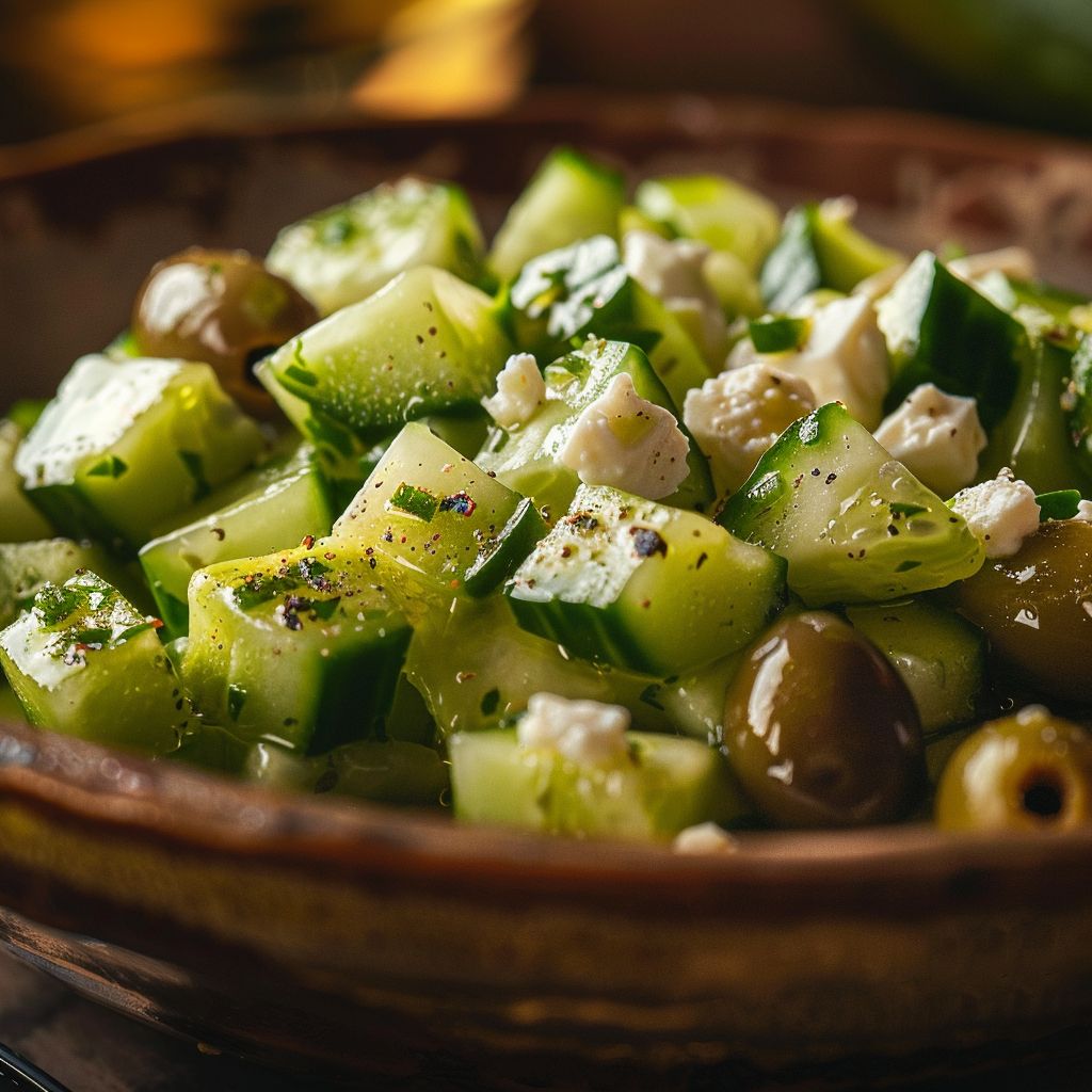 A close-up of a Keto Greek Salad with cucumbers, olives, and feta cheese, captured in soft natural light.