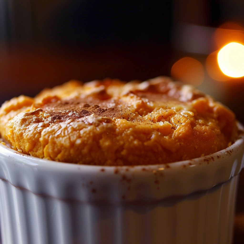 Close-up of a light and fluffy sweet potato soufflé in a rustic dish, illuminated by soft natural light.