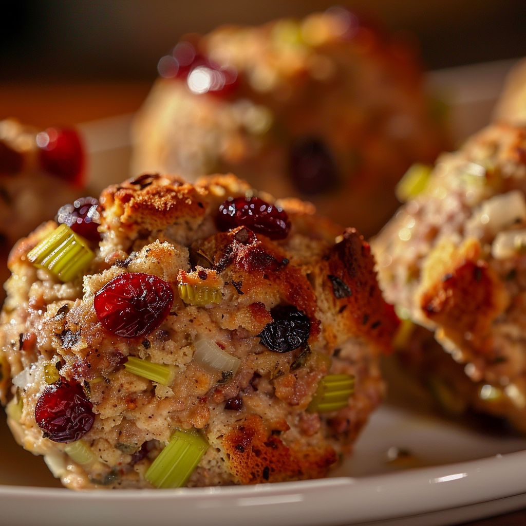 Close-up of golden-brown Cranberry Turkey Stuffing Balls with a crispy exterior and specks of herbs.