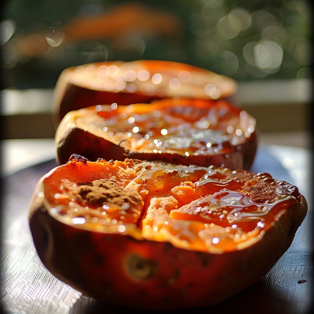 Close-up of caramelized sweet potato halves with a glossy finish, elegantly arranged on a wooden surface.