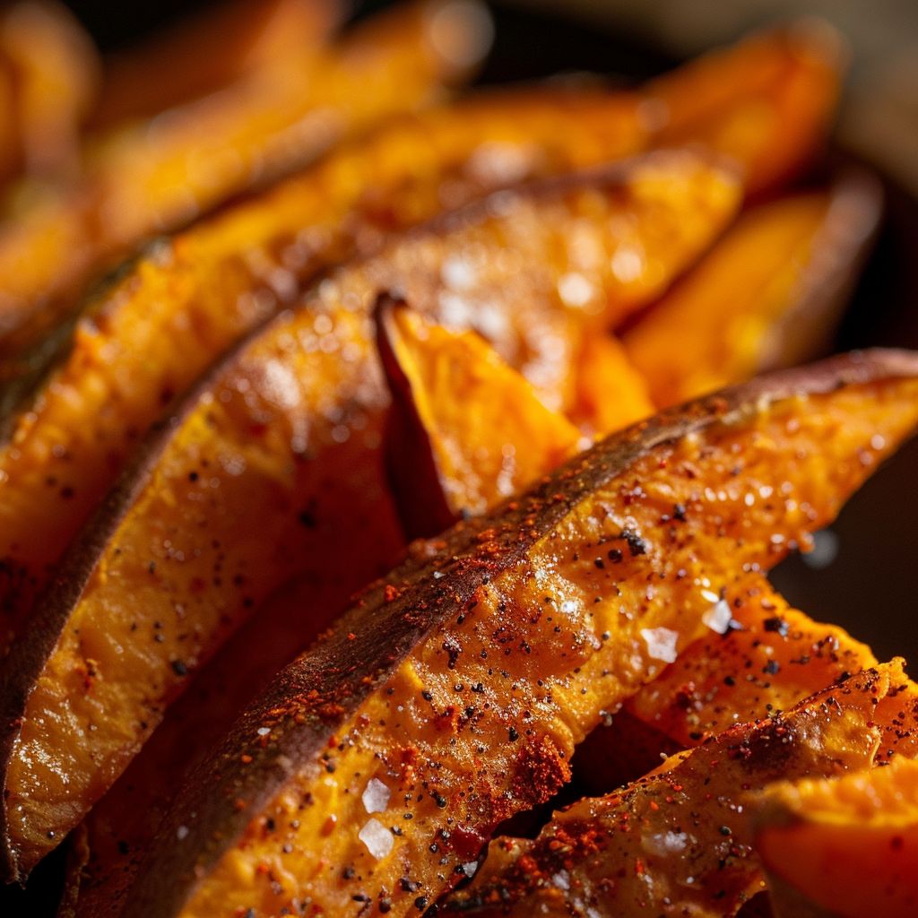 Close-up of crispy oven-baked sweet potato fries arranged appealingly.