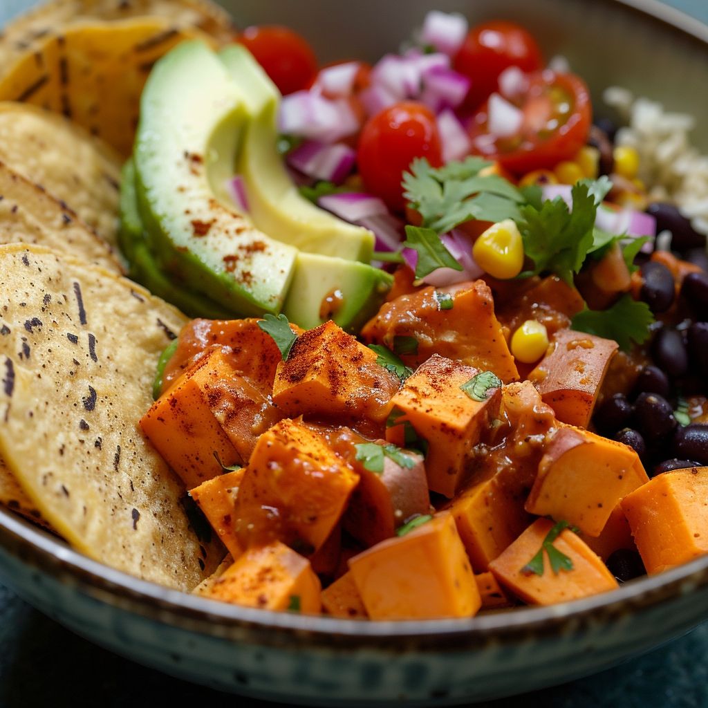 Close-up of a Sweet Potato Taco Bowl with vibrant ingredients including sweet potatoes, black beans, and avocado.