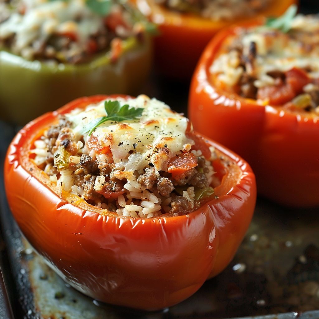 Close-up shot of stuffed bell peppers filled with ground beef, rice, and cheese.