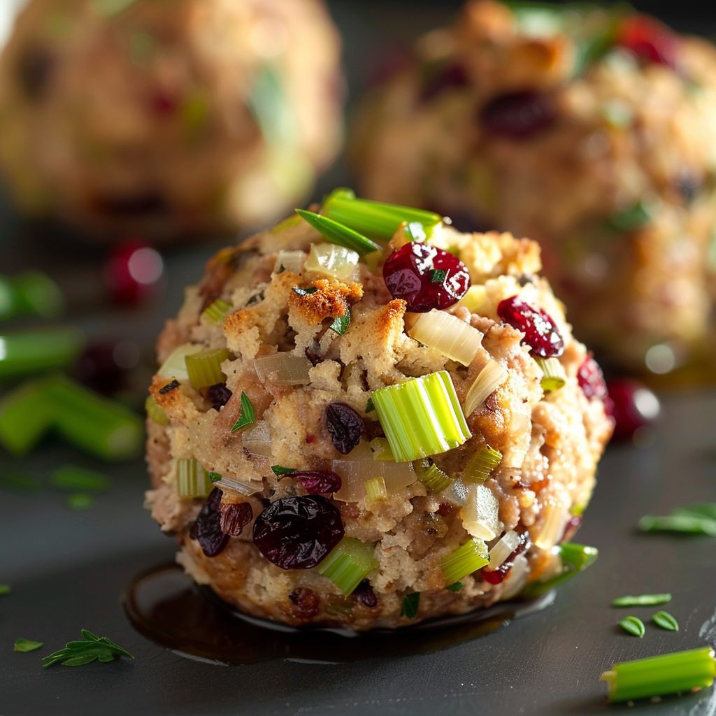 Close-up of golden-brown Cranberry Turkey Stuffing Balls on a rustic wooden surface.
