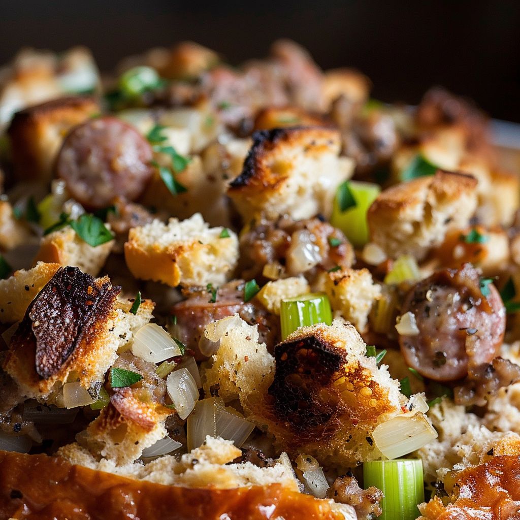 Close-up of turkey sausage stuffing with bread, celery, and herbs, illuminated by soft natural light.