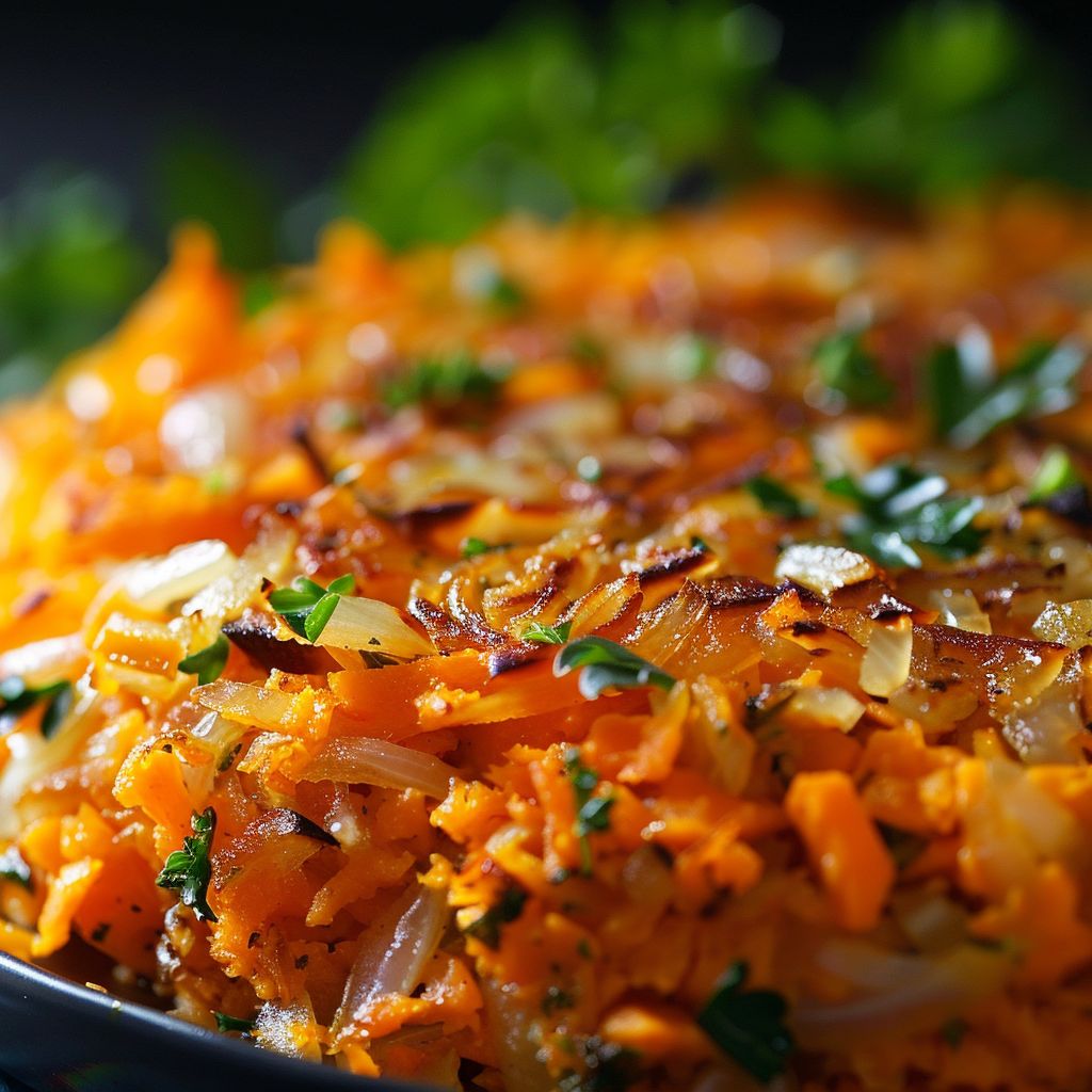 Close-up shot of crispy sweet potato hash browns showcasing golden-brown texture with herbs.
