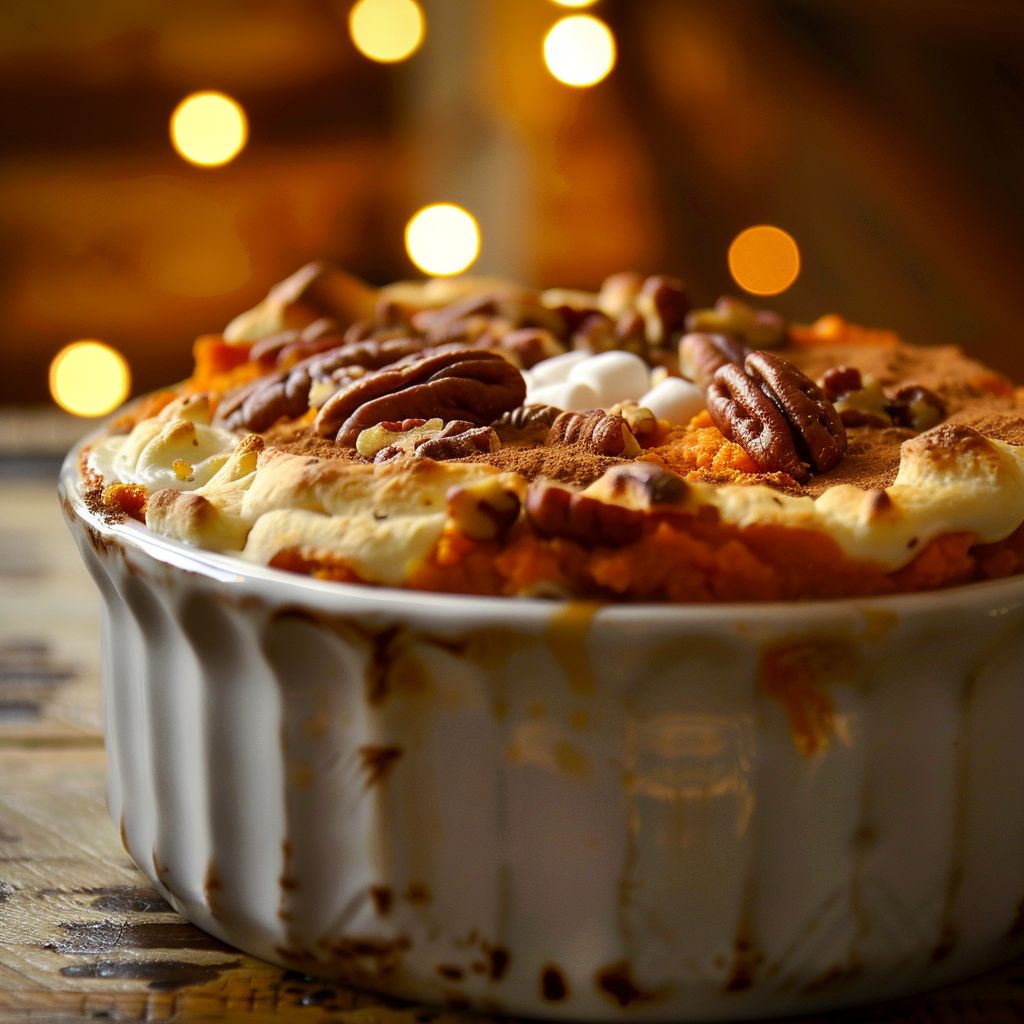 Close-up view of a golden Sweet Potato Soufflé topped with chopped pecans, softly lit by natural light.