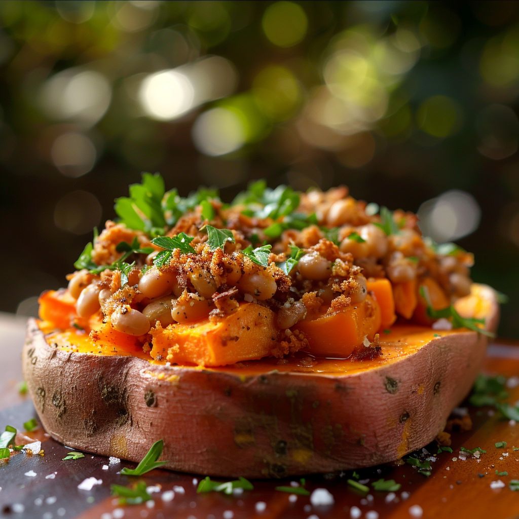 Close-up of sweet potato halves topped with butter beans and garnished with parsley.