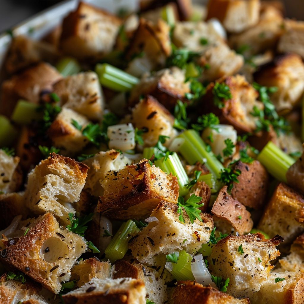 Close-up of a bowl filled with golden-brown holiday stuffing, showcasing crispy bread cubes and herbs.