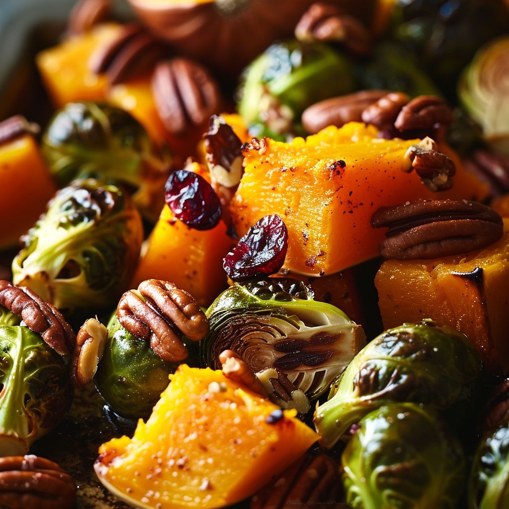 Close-up view of roasted butternut squash and Brussels sprouts mixed with pecans and cranberries, beautifully arranged on a rustic plate.