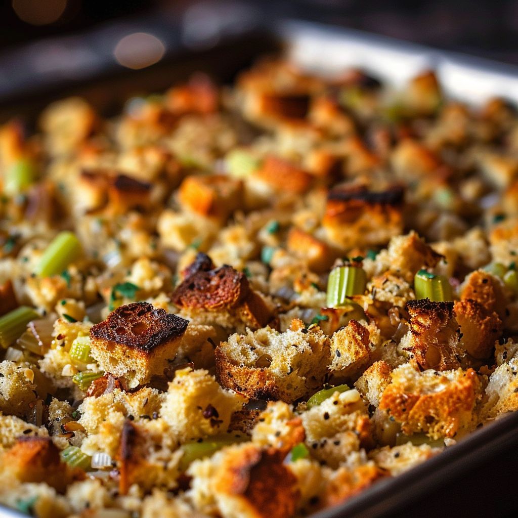 Close-up of fluffy homemade stuffing with bread cubes, herbs, and vegetables.