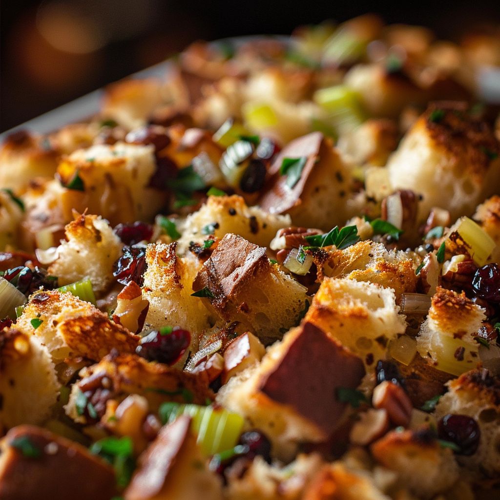 Close-up of Thanksgiving stuffing with herbs and nuts in a textured bowl.