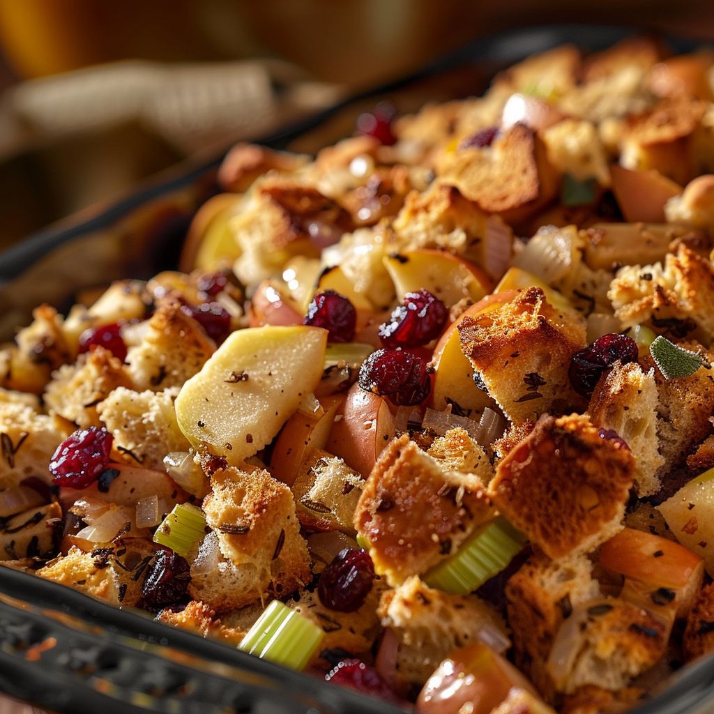Close-up of a warm, inviting bowl of apple cranberry stuffing with visible bread cubes, apples, and cranberries.
