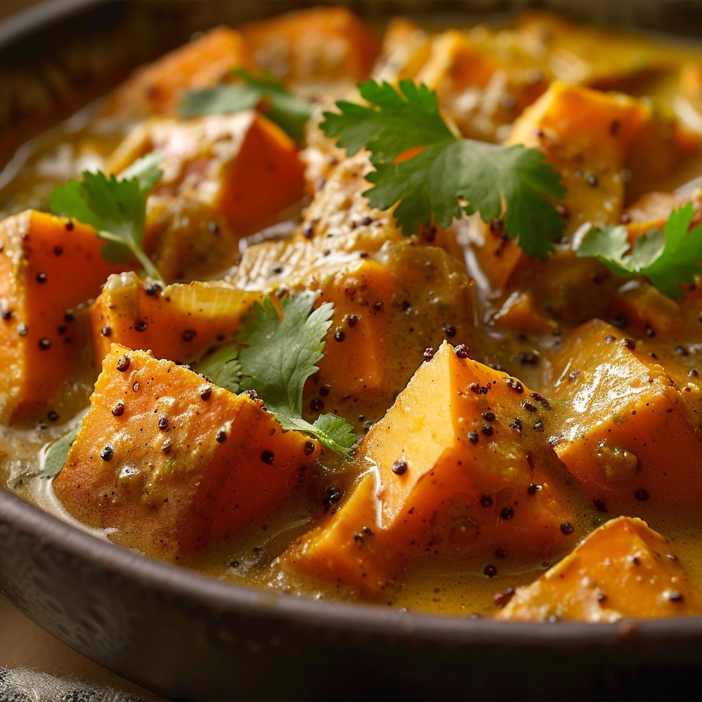 Close-up view of a vibrant sweet potato curry in a bowl, showcasing a creamy texture and colorful ingredients.