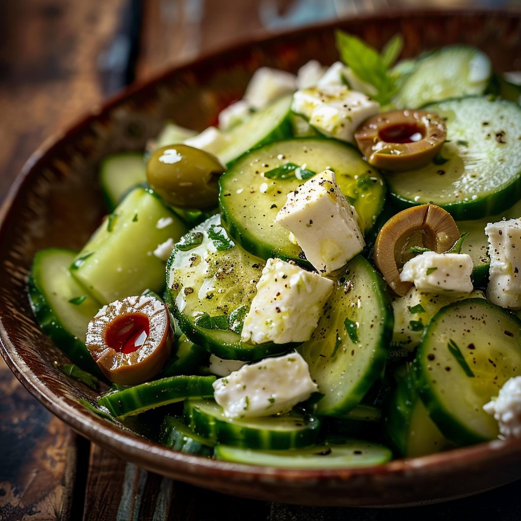 A close-up of a Keto Greek Salad with cucumbers, olives, and feta cheese, captured in soft natural light.