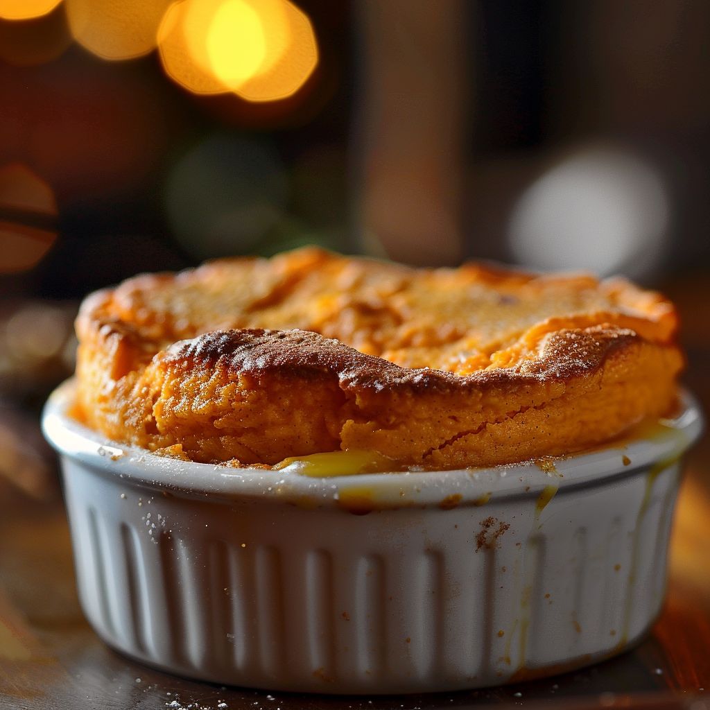 Close-up of a light and fluffy sweet potato soufflé in a rustic dish, illuminated by soft natural light.