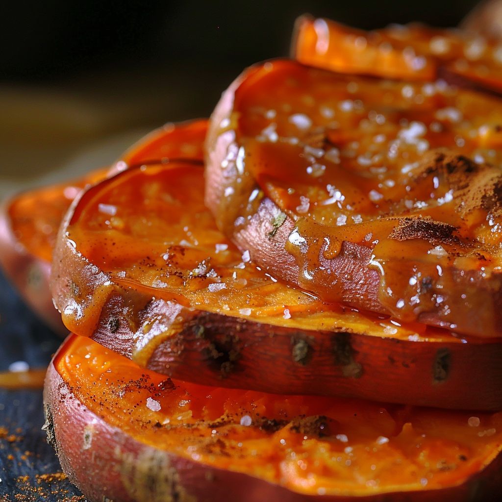 Close-up of caramelized sweet potato halves with a glossy finish, elegantly arranged on a wooden surface.
