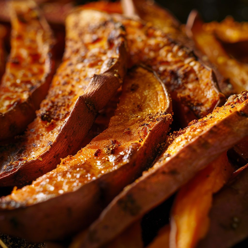 Close-up of crispy oven-baked sweet potato fries arranged appealingly.