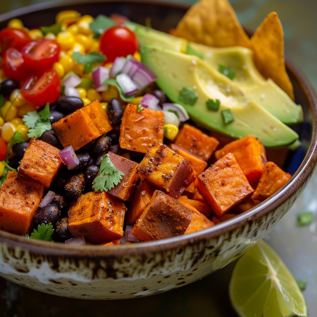 Close-up of a Sweet Potato Taco Bowl with vibrant ingredients including sweet potatoes, black beans, and avocado.