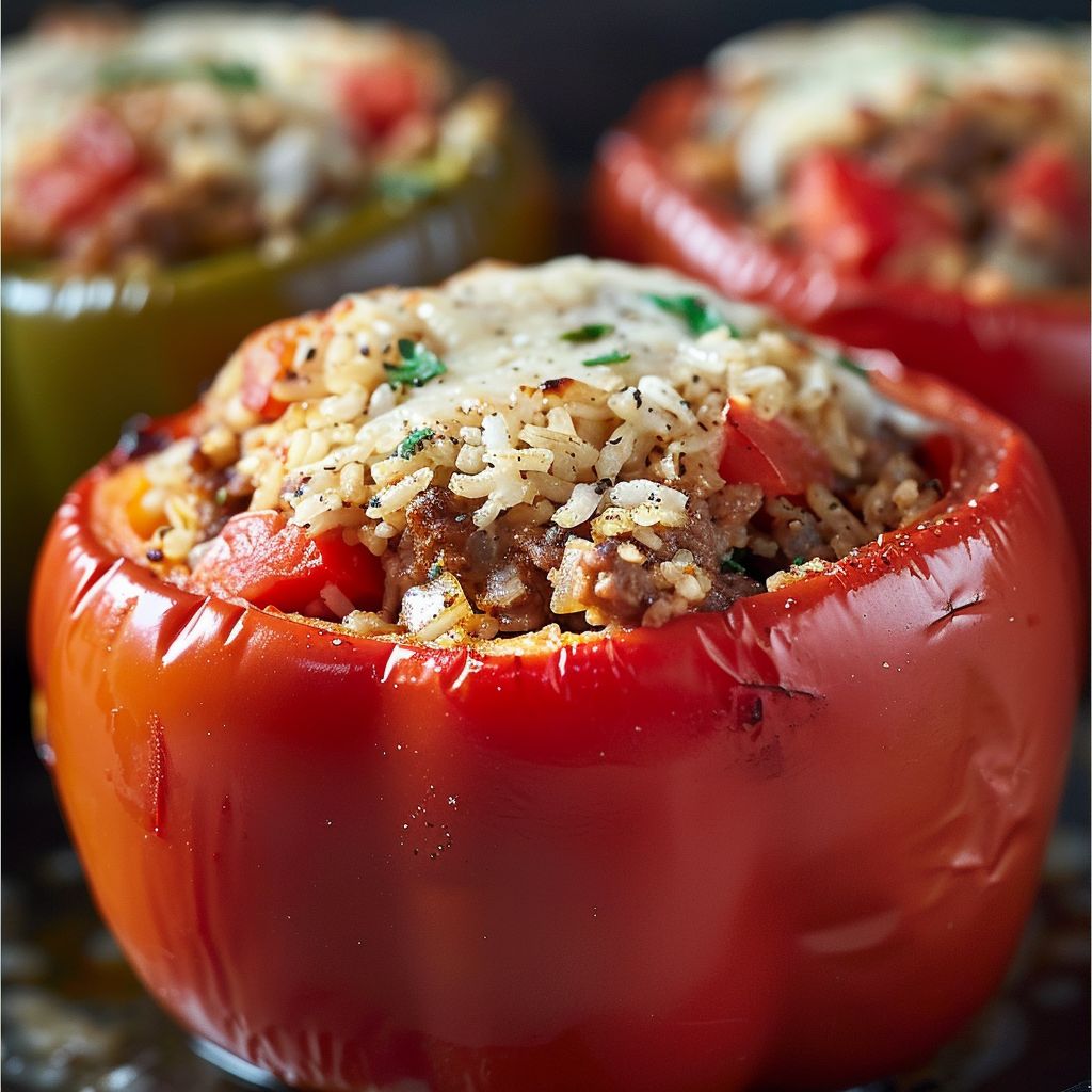 Close-up shot of stuffed bell peppers filled with ground beef, rice, and cheese.