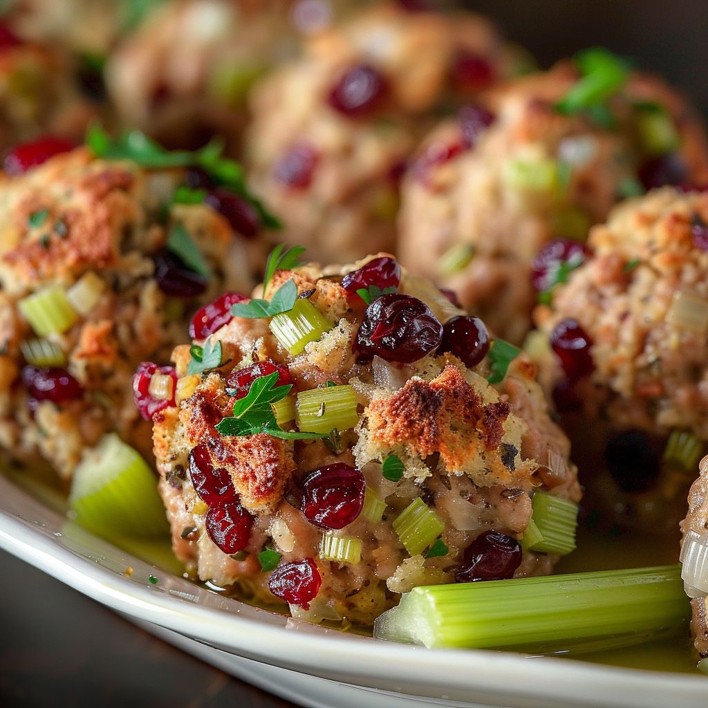 Close-up of golden-brown Cranberry Turkey Stuffing Balls on a rustic wooden surface.