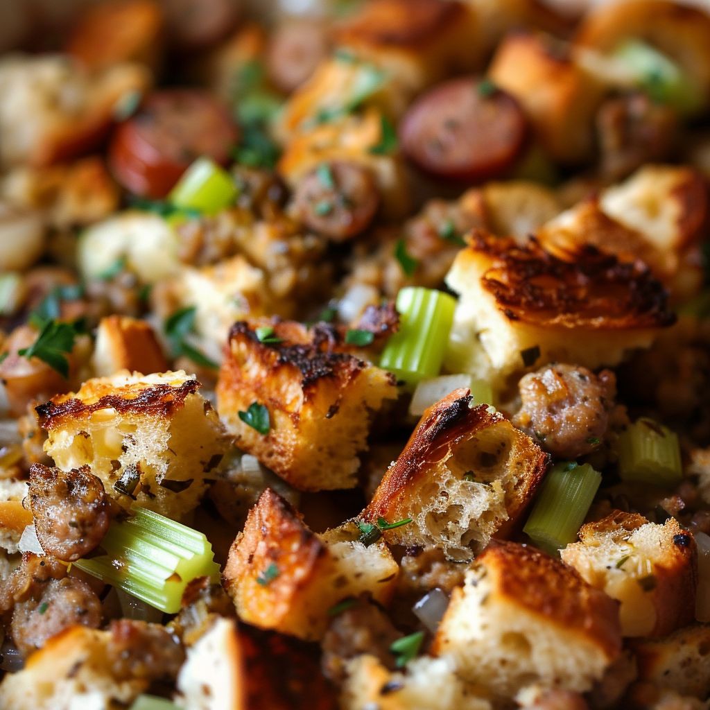 Close-up of turkey sausage stuffing with bread, celery, and herbs, illuminated by soft natural light.