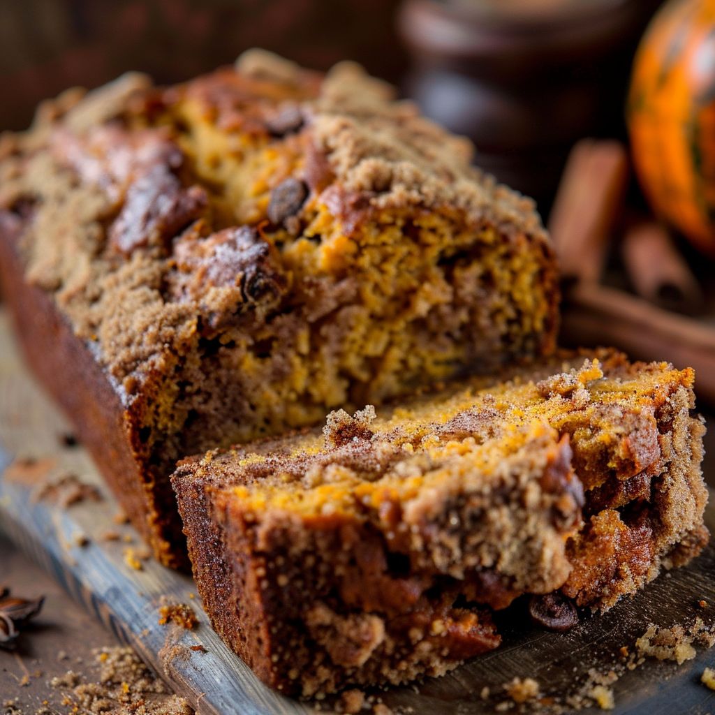 A freshly baked cinnamon pumpkin bread loaf on a wooden cutting board.