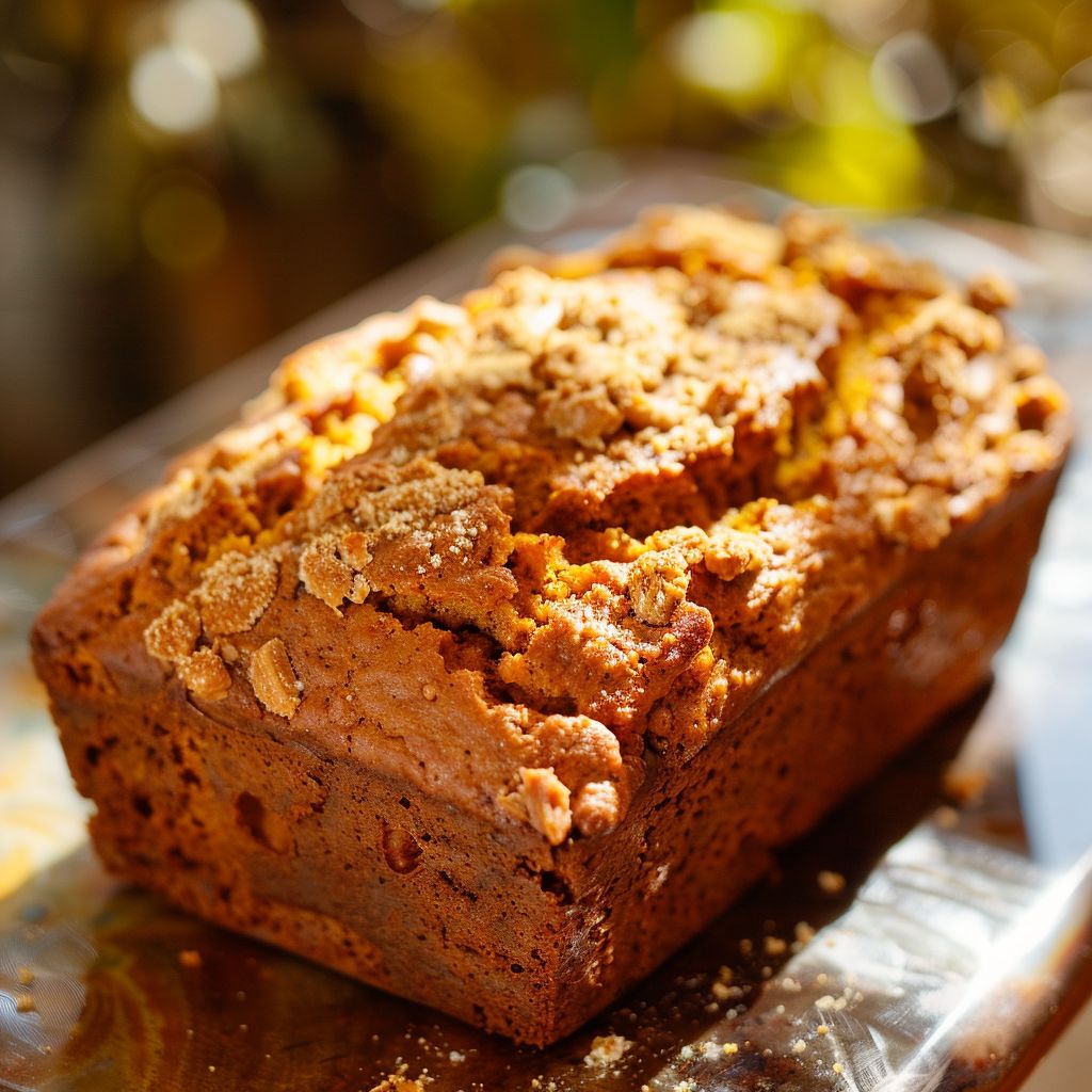 Rich brown butter pumpkin bread with a glossy salted maple glaze, displayed on a rustic wooden table.