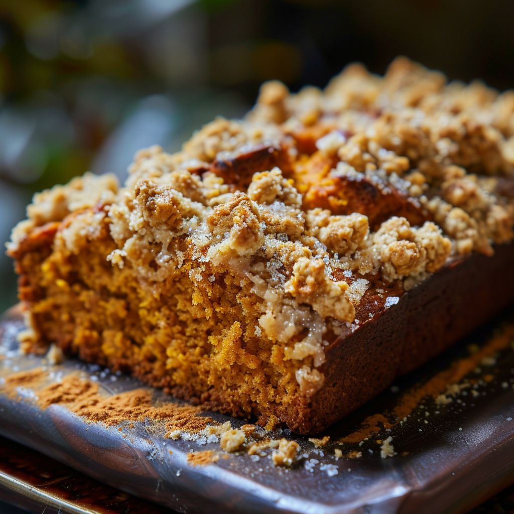 A freshly baked pumpkin bread topped with a golden streusel in natural light.