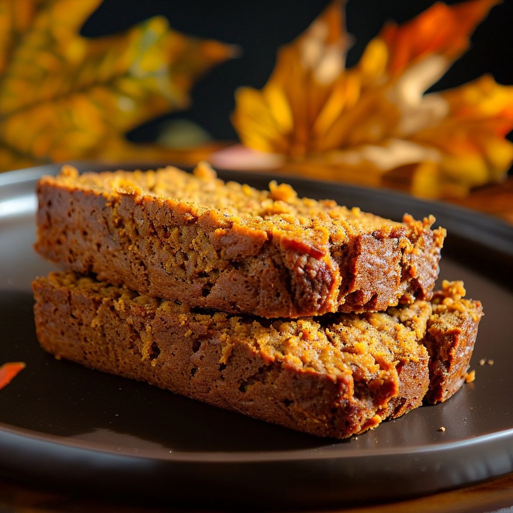 A loaf of golden-brown pumpkin bread with a crunchy streusel topping on a wooden cutting board.