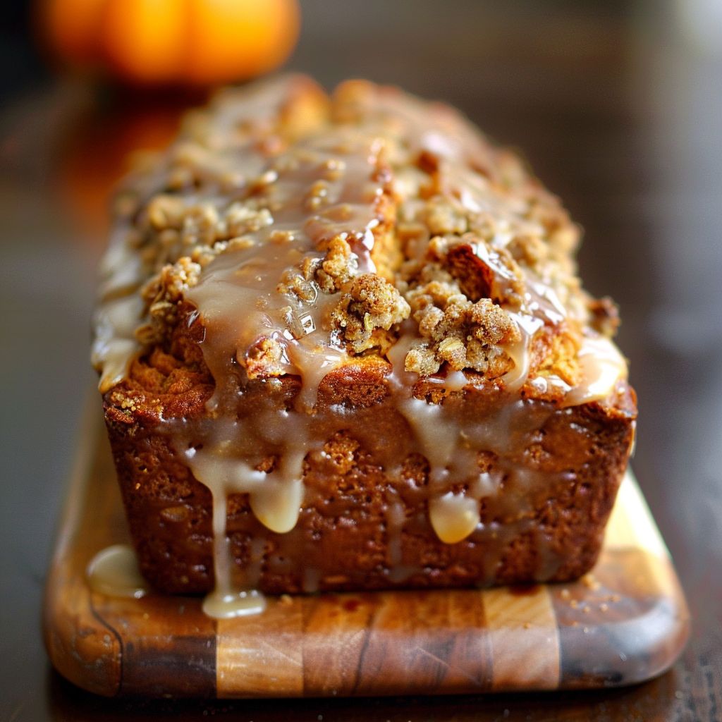 A moist slice of pumpkin bread topped with a shiny maple glaze and a crumbly streusel topping.