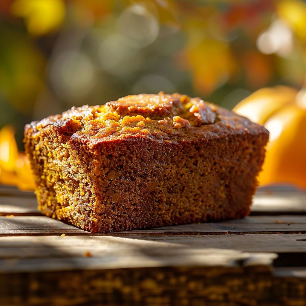 A close-up of moist pumpkin bread topped with brown sugar pecans, showcasing its texture and richness.