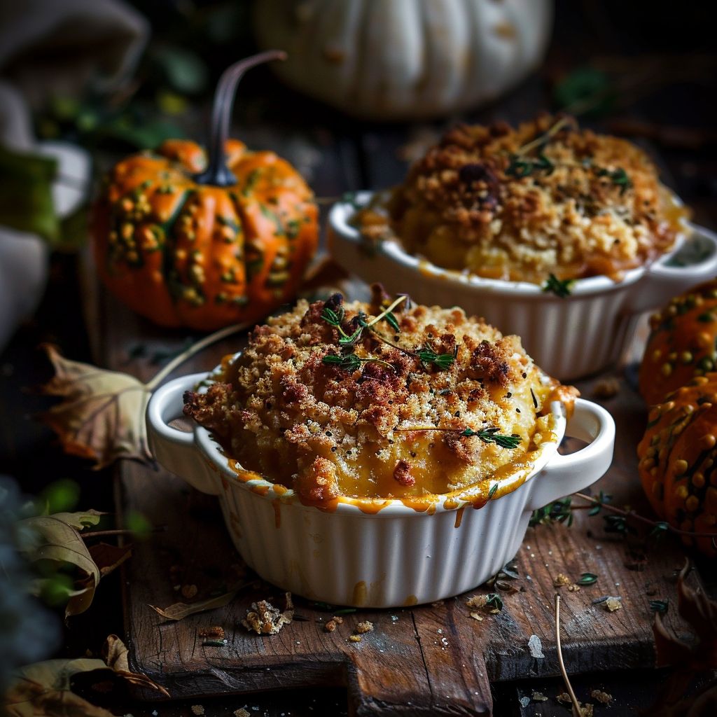 A bowl filled with pumpkin soup garnished with herbs, surrounded by autumn leaves and a cozy knit scarf.