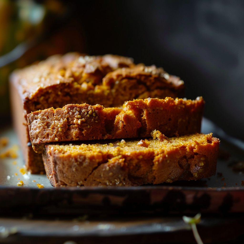 A freshly baked loaf of pumpkin bread on a wooden cutting board, showcasing a golden-brown crust and moist texture.
