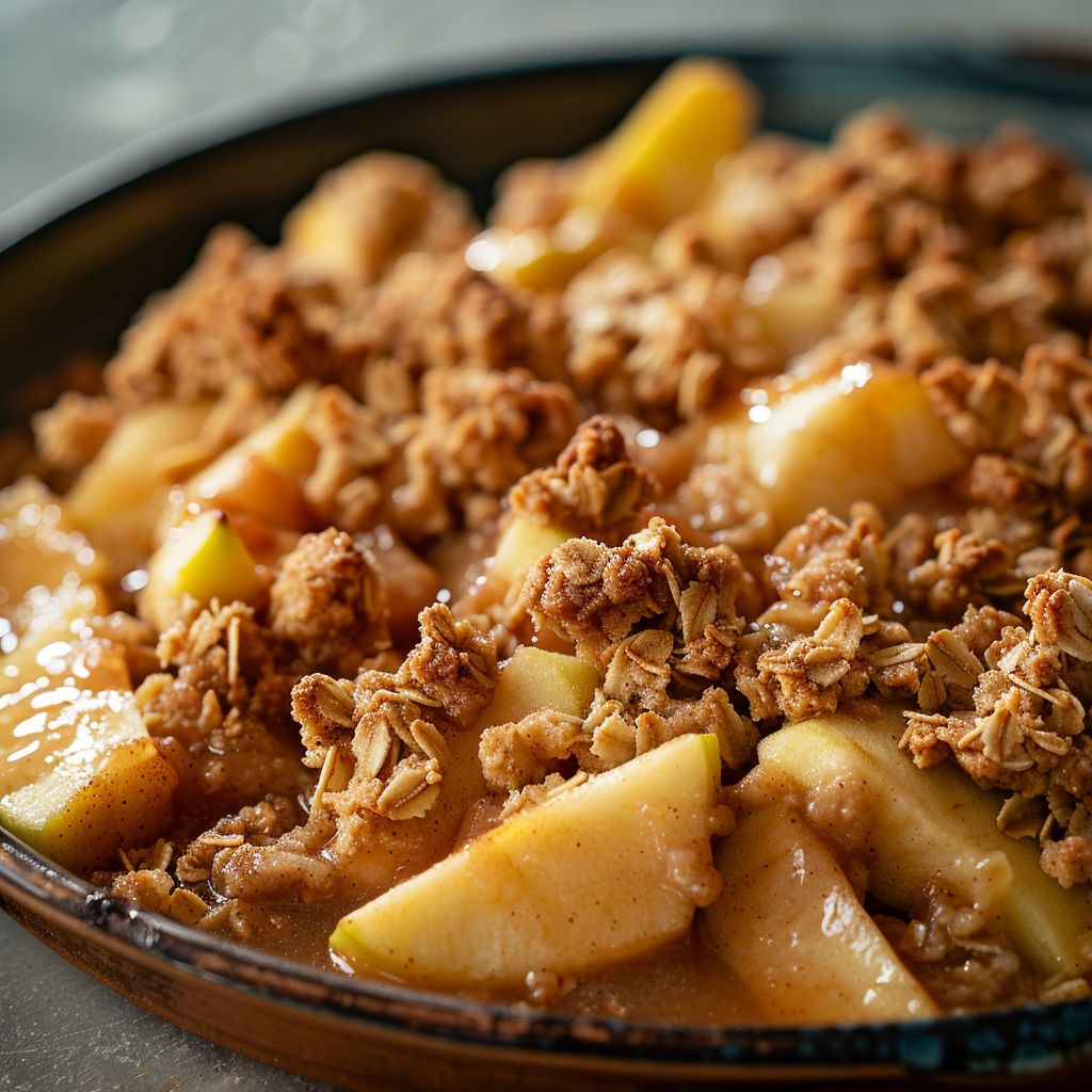 A warm apple crisp dessert topped with a crumbly oat topping in a rustic dish.
