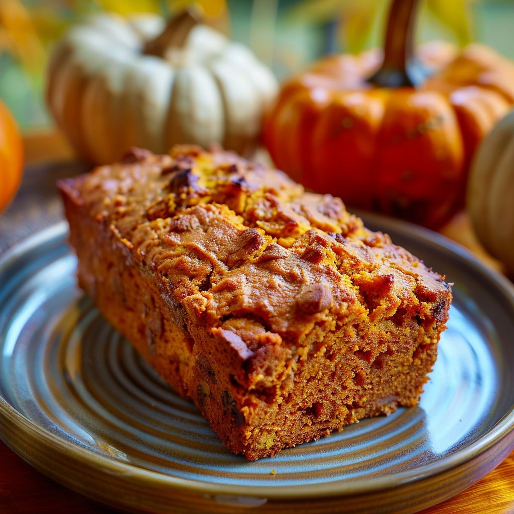 A loaf of moist pumpkin bread on a wooden cutting board, sliced to reveal its soft texture.