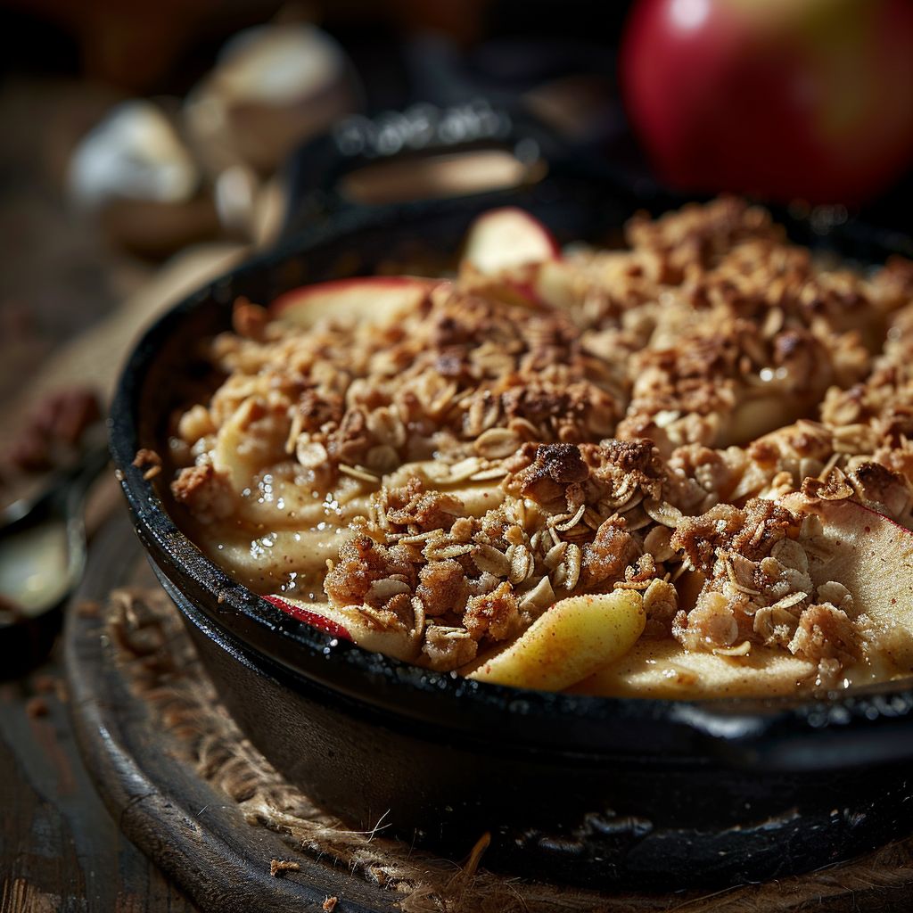 A close-up of a baked apple crisp topped with a golden brown crumble and served in a ceramic dish.