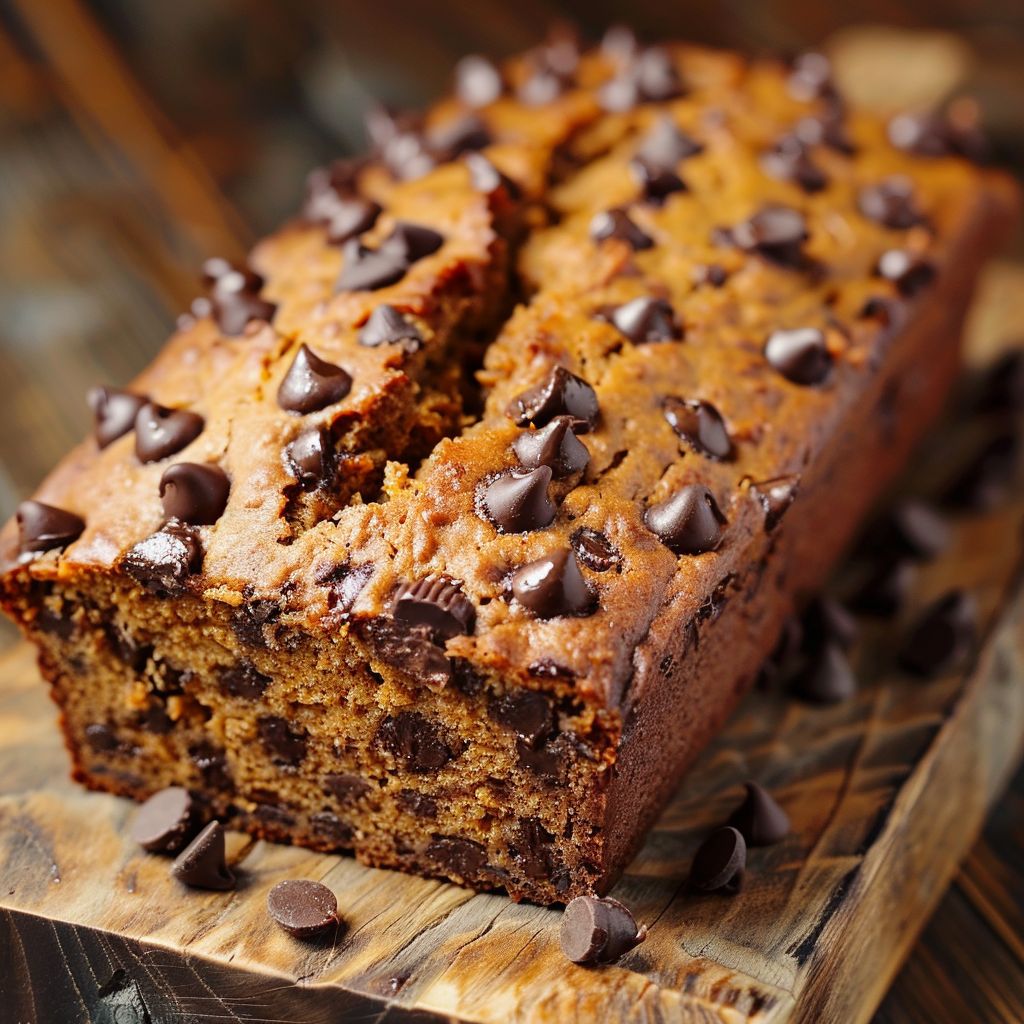 A loaf of moist pumpkin chocolate chip bread on a rustic wooden table.