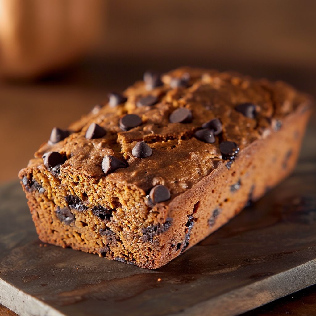 A sliced loaf of moist pumpkin chocolate chip bread with chocolate chips visible.