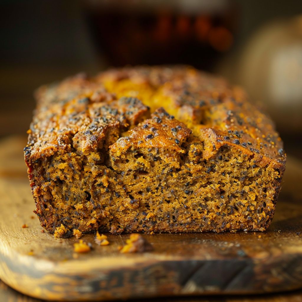 A loaf of freshly baked healthy pumpkin bread on a wooden cutting board, with slices cut and arranged attractively.