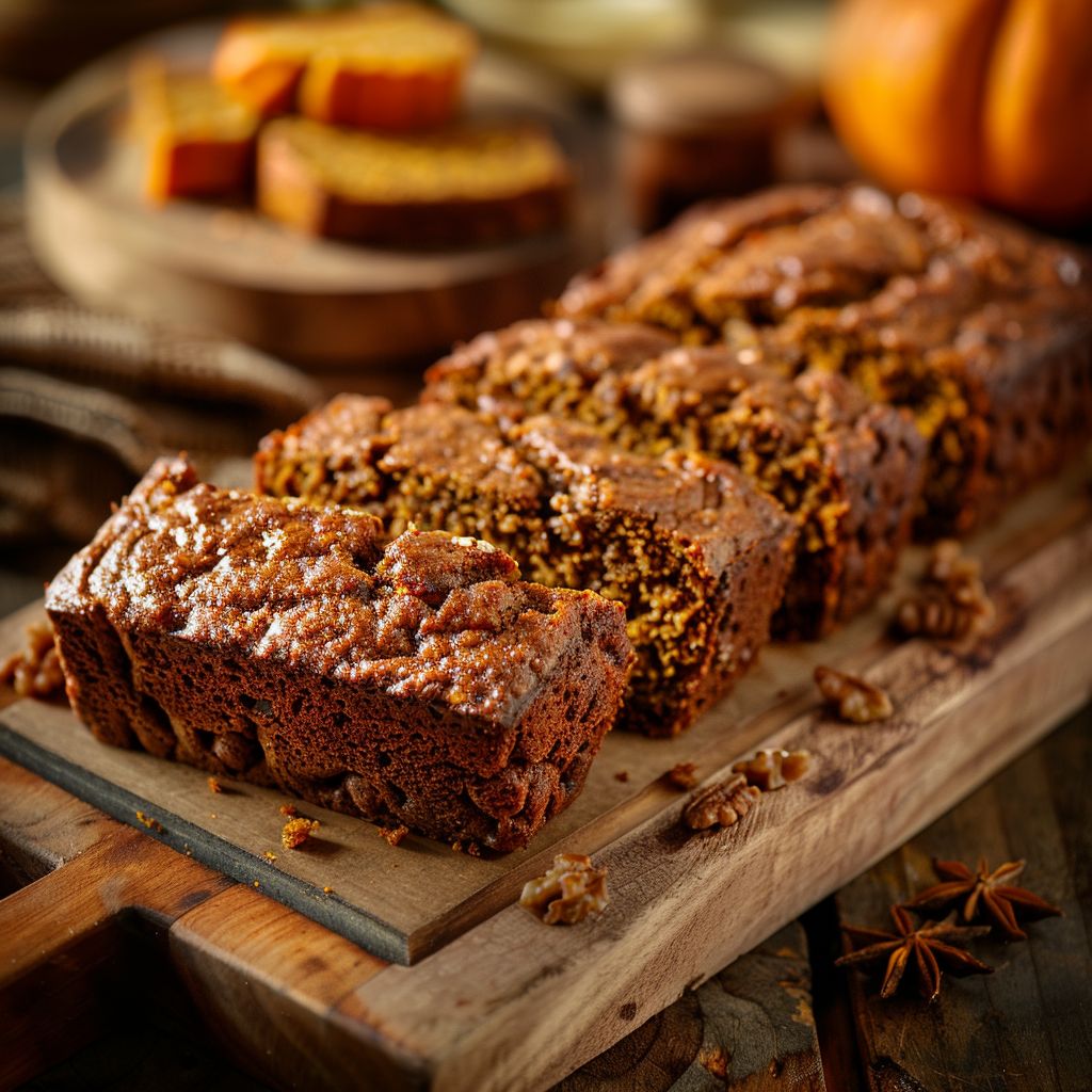 A slice of healthy pumpkin bread on a wooden cutting board, showcasing its moist texture.
